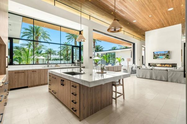 Fireplace, Interior, Kitchen, Living room, Pendant Lights, Recessed Lighting, Wooden Ceilings