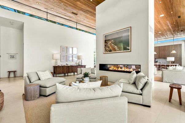 Fireplace, Interior, Living room, Pendant Lights, Recessed Lighting, Wooden Ceilings