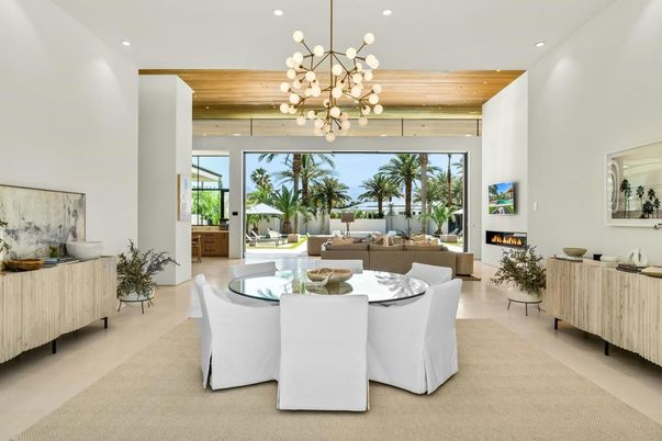 Dining room, Fireplace, Interior, Living room, Pendant Lights, Recessed Lighting, Wooden Ceilings