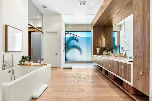 Bathroom, Dual Sink Vanities, Interior, Recessed Lighting, Wood Texture Flooring