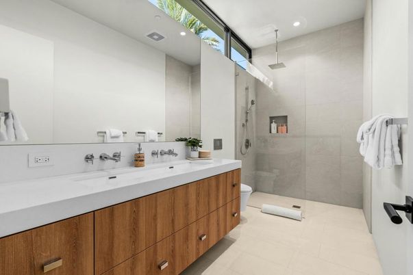 Bathroom, Dual Sink Vanities, Glass Shower, Interior, Recessed Lighting