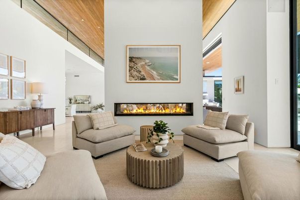 Fireplace, Interior, Living room, Recessed Lighting, Wooden Ceilings