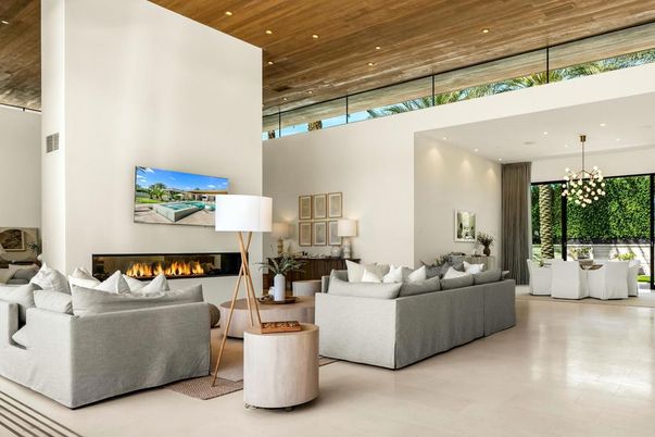 Fireplace, Interior, Living room, Pendant Lights, Recessed Lighting, Wooden Ceilings