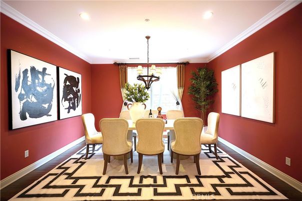 Dining room, Interior, Pendant Lights, Recessed Lighting, Wood Texture Flooring