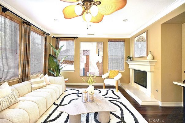 Fireplace, Interior, Living room, Recessed Lighting, Wood Texture Flooring