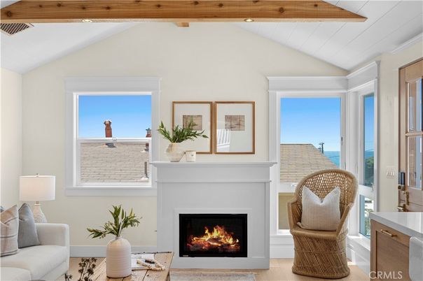 Fireplace, Interior, Recessed Lighting, Water, Wooden Beams