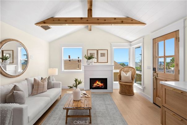Fireplace, Interior, Living room, Recessed Lighting, Wooden Beams, Wood Texture Flooring