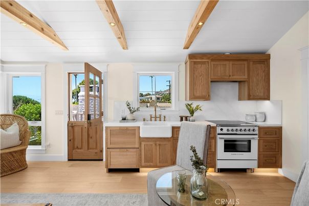 Interior, Kitchen, Recessed Lighting, Stainless Steel Appliances, Wooden Beams, Wood Texture Flooring