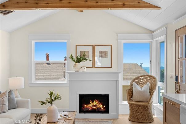 Fireplace, Interior, Recessed Lighting, Water, Wooden Beams