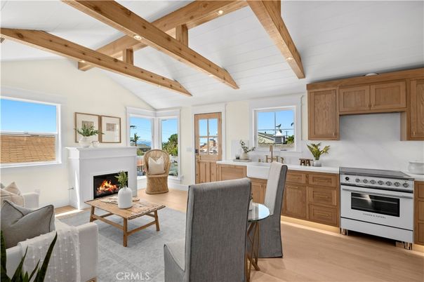 Fireplace, Interior, Kitchen, Living room, Recessed Lighting, Stainless Steel Appliances, Wooden Beams, Wood Texture Flooring