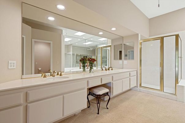 Bathroom, Dual Sink Vanities, Glass Shower, Interior, Recessed Lighting