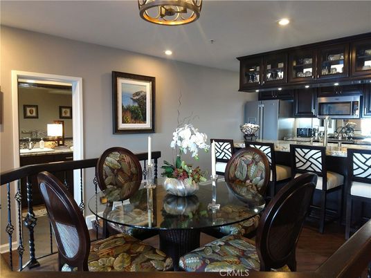 Dining room, Interior, Kitchen, Recessed Lighting, Stainless Steel Appliances, Wood Texture Flooring