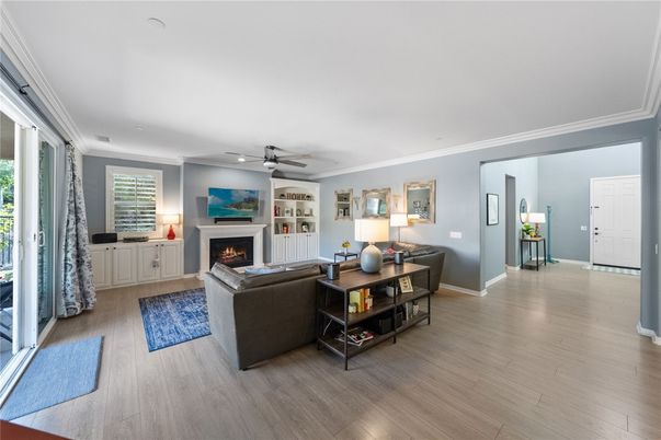 Fireplace, Interior, Living room, Recessed Lighting, Wood Texture Flooring