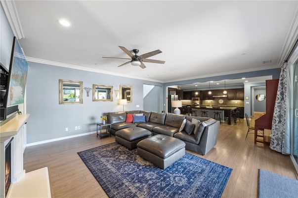 Dining room, Fireplace, Interior, Kitchen, Living room, Pendant Lights, Recessed Lighting, Wood Texture Flooring