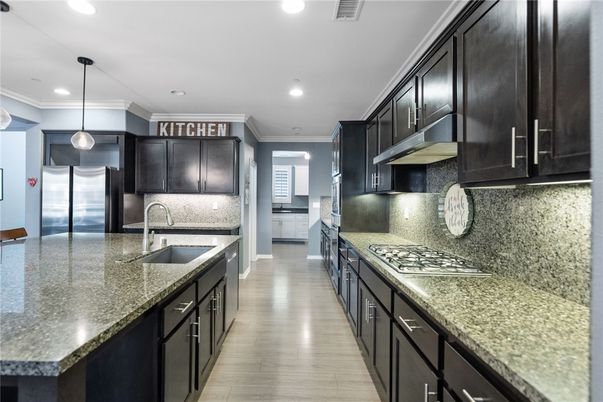 Interior, Kitchen, Pendant Lights, Recessed Lighting, Stainless Steel Appliances, Wood Texture Flooring