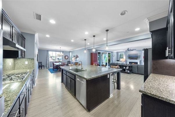 Dining room, Fireplace, Interior, Kitchen, Living room, Pendant Lights, Recessed Lighting, Wood Texture Flooring
