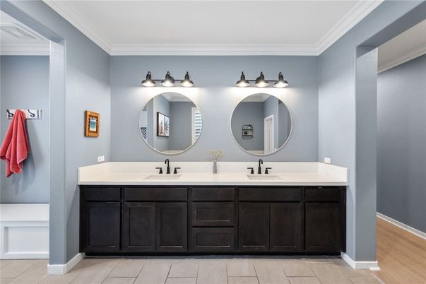 Bathroom, Dual Sink Vanities, Interior, Wood Texture Flooring