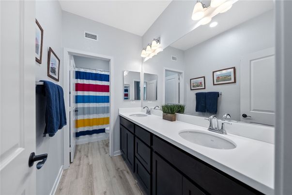 Bathroom, Dual Sink Vanities, Interior, Wood Texture Flooring