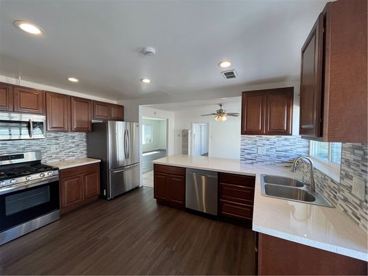 Interior, Kitchen, Recessed Lighting, Stainless Steel Appliances, Wood Texture Flooring