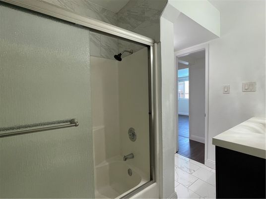 Bathroom, Glass Shower, Interior, Wood Texture Flooring