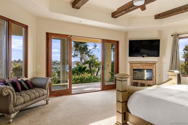Bedroom, Fireplace, Interior, Recessed Lighting, Wooden Beams