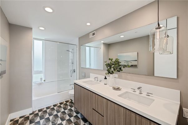 Bathroom, Dual Sink Vanities, Glass Shower, Interior, Pendant Lights, Recessed Lighting
