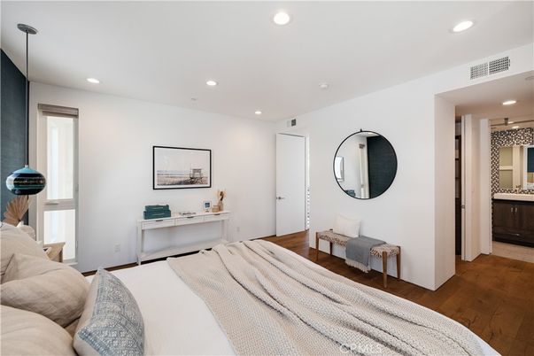 Bedroom, Interior, Pendant Lights, Recessed Lighting, Wood Texture Flooring