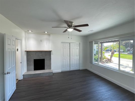 Empty room, Fireplace, Interior, Recessed Lighting, Wood Texture Flooring
