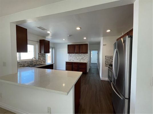 Interior, Kitchen, Recessed Lighting, Stainless Steel Appliances, Wood Texture Flooring