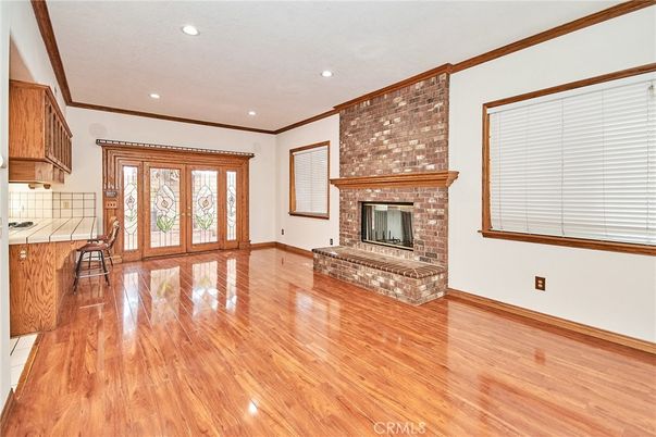 Empty room, Fireplace, Interior, Recessed Lighting, Wood Texture Flooring