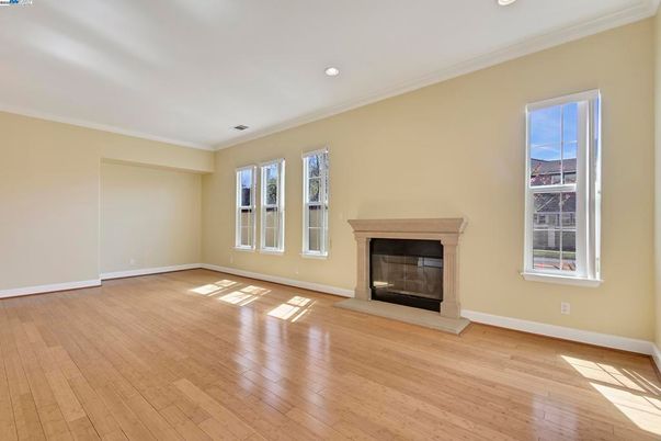 Empty room, Fireplace, Interior, Recessed Lighting, Wood Texture Flooring