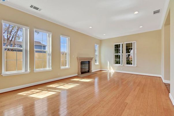 Empty room, Fireplace, Interior, Recessed Lighting, Wood Texture Flooring