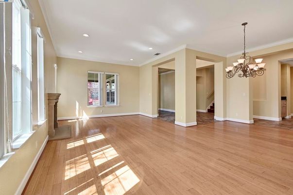 Chandelier, Empty room, Interior, Recessed Lighting, Wood Texture Flooring