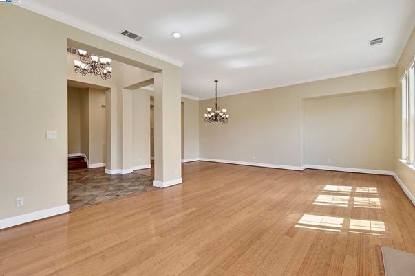 Chandelier, Empty room, Interior, Recessed Lighting, Wood Texture Flooring