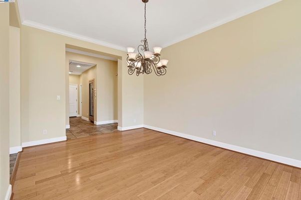 Chandelier, Empty room, Interior, Recessed Lighting, Wood Texture Flooring
