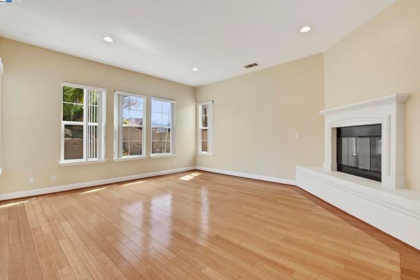Empty room, Fireplace, Interior, Recessed Lighting, Wood Texture Flooring