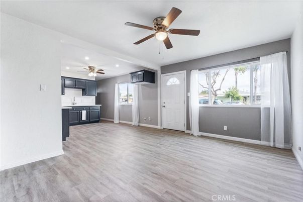 Empty room, Interior, Kitchen, Recessed Lighting, Wood Texture Flooring