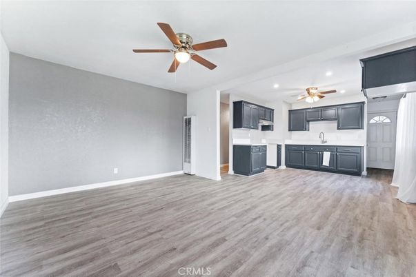 Empty room, Interior, Kitchen, Recessed Lighting, Wood Texture Flooring