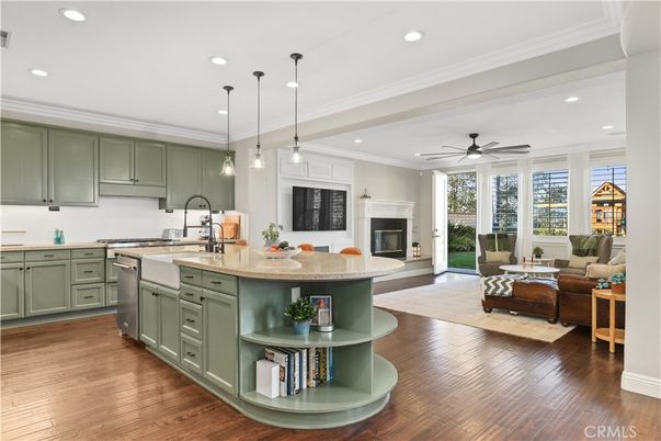 Fireplace, Interior, Kitchen, Living room, Pendant Lights, Recessed Lighting, Wood Texture Flooring