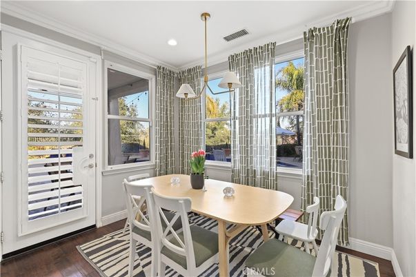 Dining room, Interior, Pendant Lights, Recessed Lighting, Wood Texture Flooring