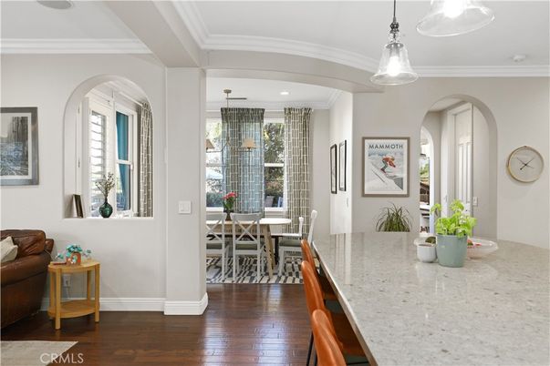 Dining room, Interior, Pendant Lights, Recessed Lighting, Wood Texture Flooring