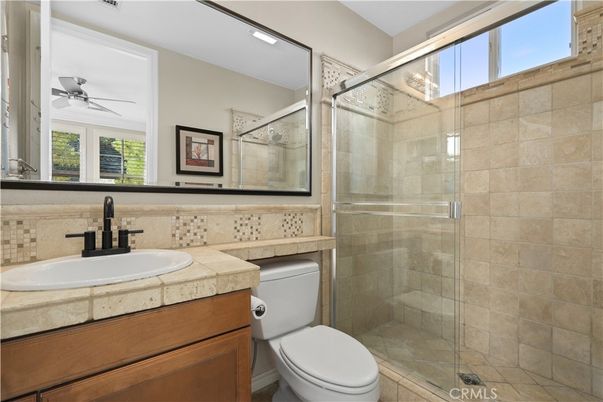 Bathroom, Glass Shower, Interior, Recessed Lighting, Tile Countertops