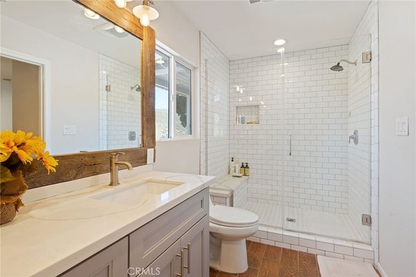 Bathroom, Glass Shower, Interior, Recessed Lighting, Wood Texture Flooring
