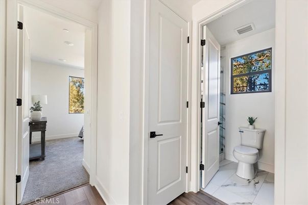 Bathroom, Interior, Marble, Recessed Lighting, Wood Texture Flooring