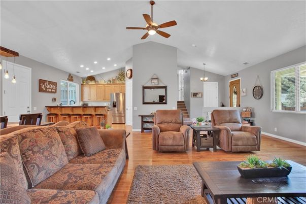 Dining room, Interior, Kitchen, Living room, Pendant Lights, Recessed Lighting, Stainless Steel Appliances, Wood Texture Flooring