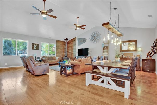Dining room, Interior, Living room, Pendant Lights, Stone Walls, Wood Texture Flooring