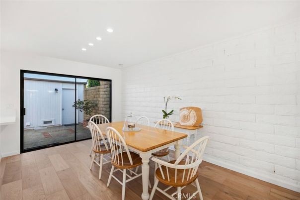 Dining room, Interior, Recessed Lighting, Stone Walls, Wood Texture Flooring
