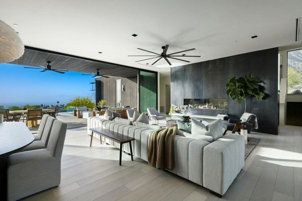 Dining room, Fireplace, Interior, Living room, Recessed Lighting, Wood Texture Flooring