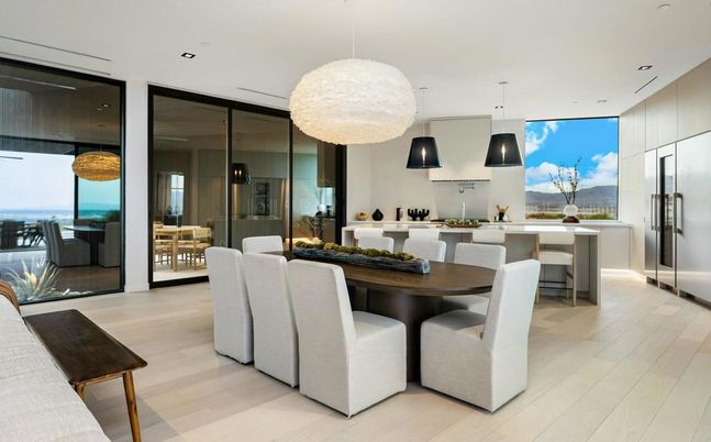 Dining room, Interior, Kitchen, Pendant Lights, Recessed Lighting, Stainless Steel Appliances, Water, Wood Texture Flooring