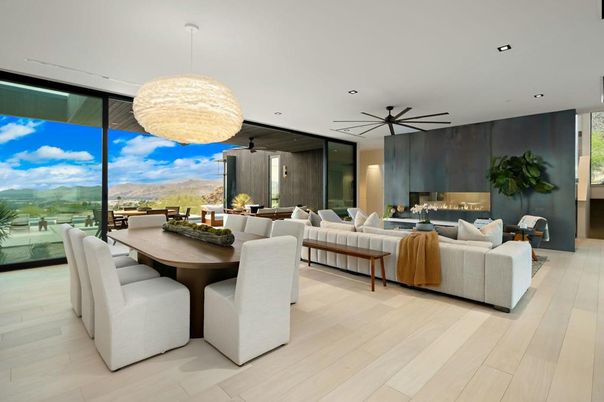 Dining room, Fireplace, Interior, Living room, Pendant Lights, Recessed Lighting, Wood Texture Flooring